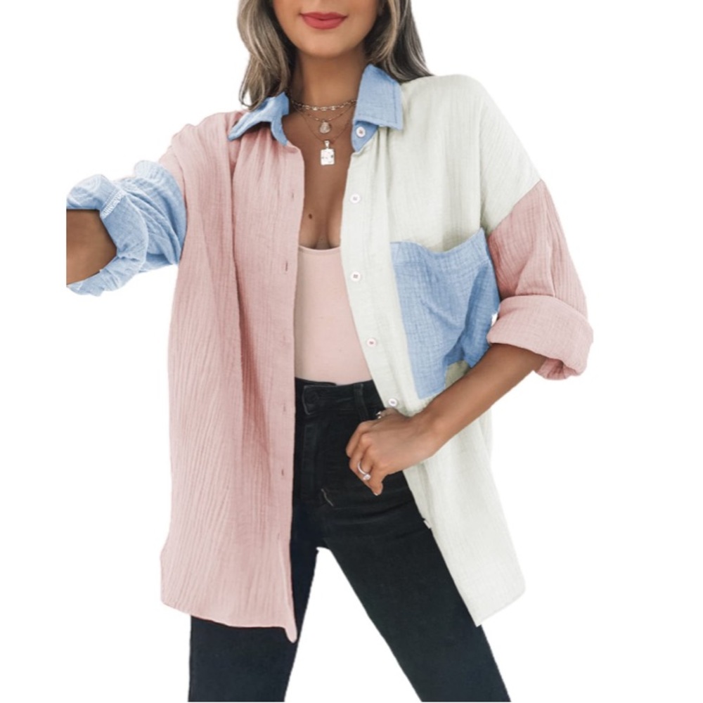 NWOT Pink White & Blue Oversized Lightweight Button-Up